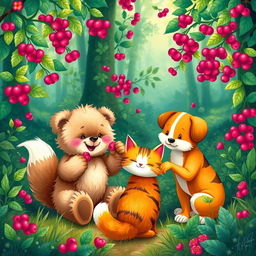 A vibrant and heartwarming scene depicting friendship among animals