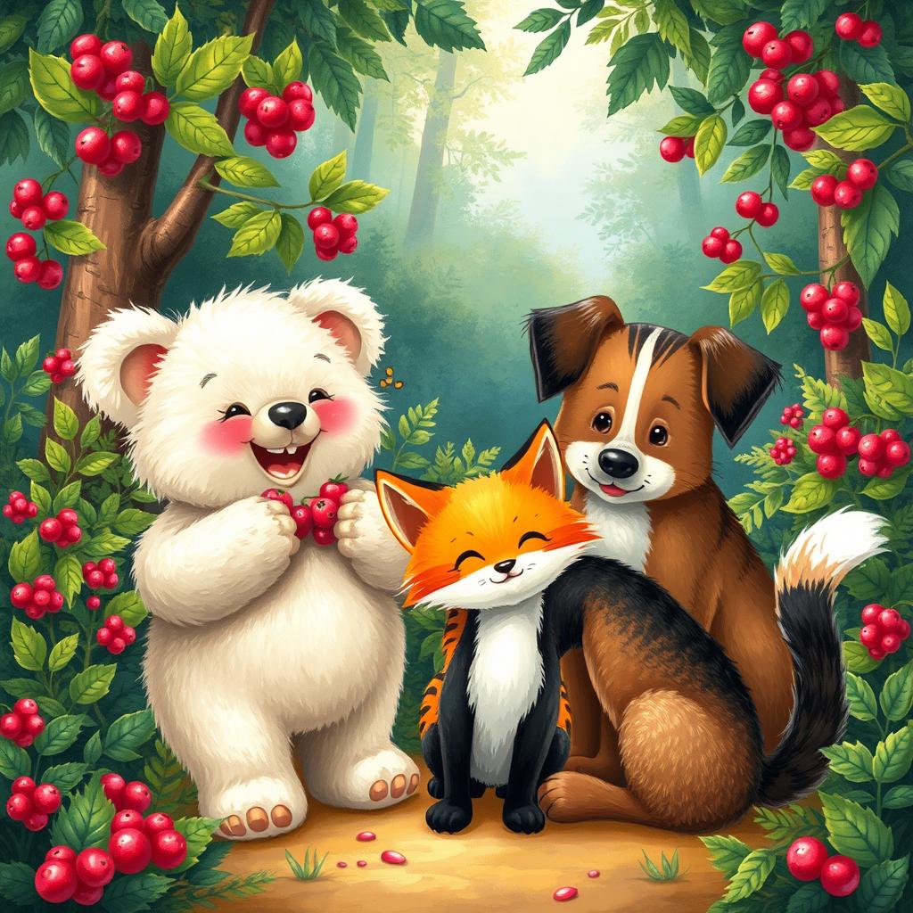 A vibrant and heartwarming scene depicting friendship among animals