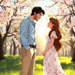 A romantic scene featuring two characters, Salustiano and Josefine, standing in a sunlit park during spring