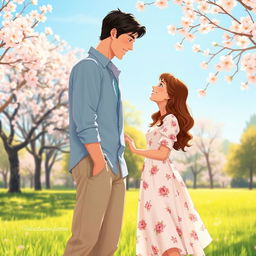 A romantic scene featuring two characters, Salustiano and Josefine, standing in a sunlit park during spring