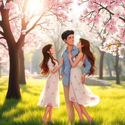 A romantic scene featuring two characters, Salustiano and Josefine, standing in a sunlit park during spring