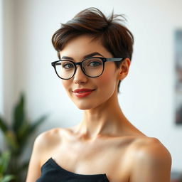 A photo-realistic image of a petite brunette woman in her early 30s with B cup breasts