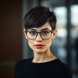 A photo-realistic image of a petite brunette woman in her early 30s, with B cup breasts and a stylish long pixie haircut