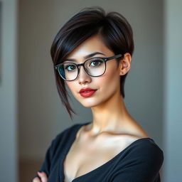 A photo-realistic image of a petite brunette woman in her early 30s, with B cup breasts and a stylish long pixie haircut