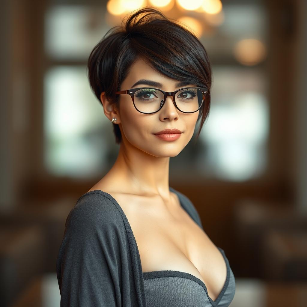 A photo-realistic image of a petite brunette woman in her early 30s, with B cup breasts and a stylish long pixie haircut