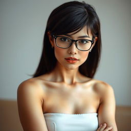 A photo-realistic image of a petite brunette woman in her early 30s, with B cup breasts and a stylish long pixie haircut