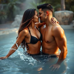 A passionate and intimate scene featuring a hot couple enjoying a sensual moment in a beautiful outdoor hot spring, surrounded by lush greenery and steam rising from the warm water