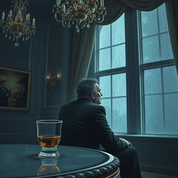 A somber scene depicting a wealthy yet depressed millionaire sitting alone in a lavish yet dimly lit room