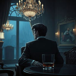 A somber scene depicting a wealthy yet depressed millionaire sitting alone in a lavish yet dimly lit room
