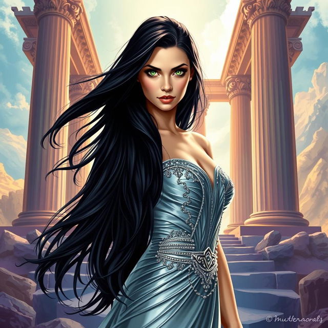 A stunning book cover illustration showcasing a woman with long, flowing black hair and captivating green eyes