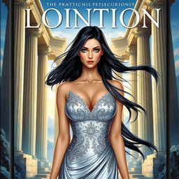 A stunning book cover illustration showcasing a woman with long, flowing black hair and captivating green eyes