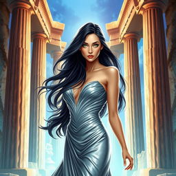 A stunning book cover illustration showcasing a woman with long, flowing black hair and captivating green eyes