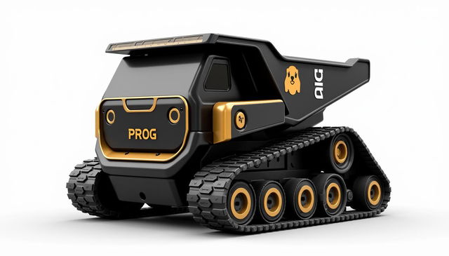 An automatic dump truck robot with tracks, featuring a sleek design in black and gold