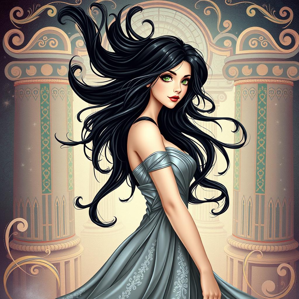 An enchanting book cover illustration depicting a woman with flowing black hair and mesmerizing green eyes