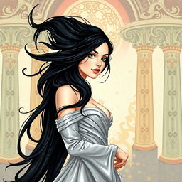 An enchanting book cover illustration depicting a woman with flowing black hair and mesmerizing green eyes