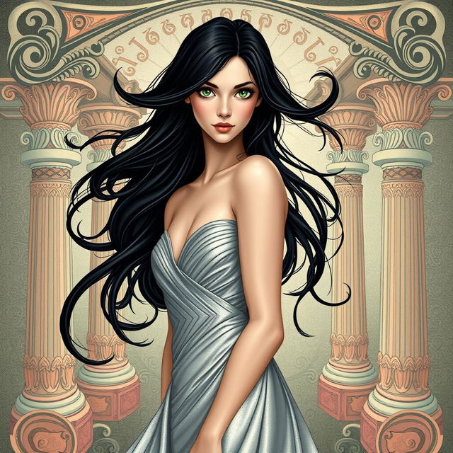 An enchanting book cover illustration depicting a woman with flowing black hair and mesmerizing green eyes