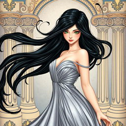 An enchanting book cover illustration depicting a woman with flowing black hair and mesmerizing green eyes