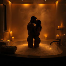 A steamy and sensual scene of a luxurious bathroom with warm water, where two silhouettes of adults are engaged in a passionate embrace