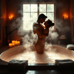 A steamy and sensual scene of a luxurious bathroom with warm water, where two silhouettes of adults are engaged in a passionate embrace