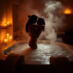 A steamy and sensual scene of a luxurious bathroom with warm water, where two silhouettes of adults are engaged in a passionate embrace