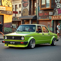 A modified 1980 Volkswagen Saveiro, known for its boxy design, lowered to showcase an aggressive stance with wide, flashy wheels