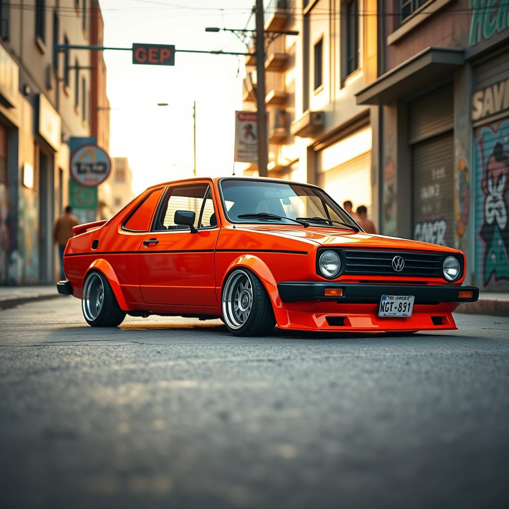 A modified 1980 Volkswagen Saveiro, known for its boxy design, lowered to showcase an aggressive stance with wide, flashy wheels