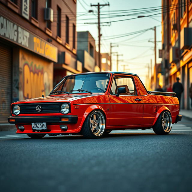 A modified 1980 Volkswagen Saveiro, known for its boxy design, lowered to showcase an aggressive stance with wide, flashy wheels