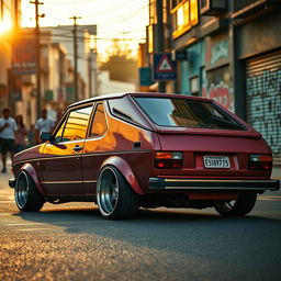 A modified 1980 Volkswagen Saveiro, known for its boxy design, lowered to showcase an aggressive stance with wide, flashy wheels