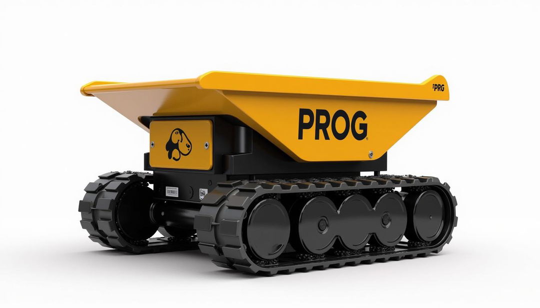 An automatic gold and black crawler dump robot designed for debris loading, prominently featuring the label 'PROG' and adorned with a logo of a cocker spaniel