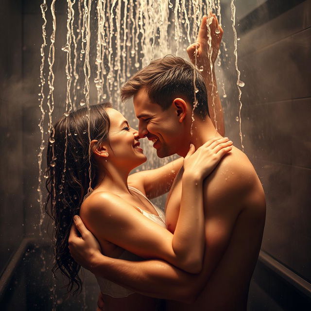 A passionate couple in a steamy hot shower, surrounded by misty water droplets cascading down the glass