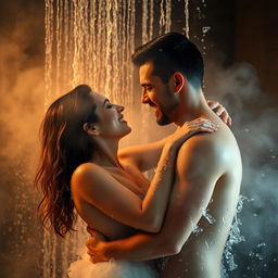 A passionate couple in a steamy hot shower, surrounded by misty water droplets cascading down the glass