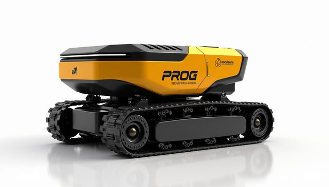 An automatic golden and black tracked dumper truck designed for debris loading, prominently displaying the label 'PROG' and featuring a logo of a cocker spaniel