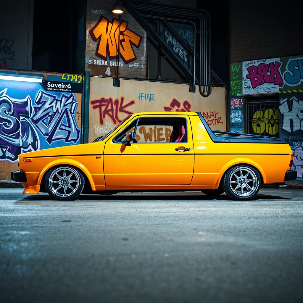 A customized 1980 Volkswagen Saveiro, showcasing its iconic boxy design, lowered to accentuate its sporty appearance