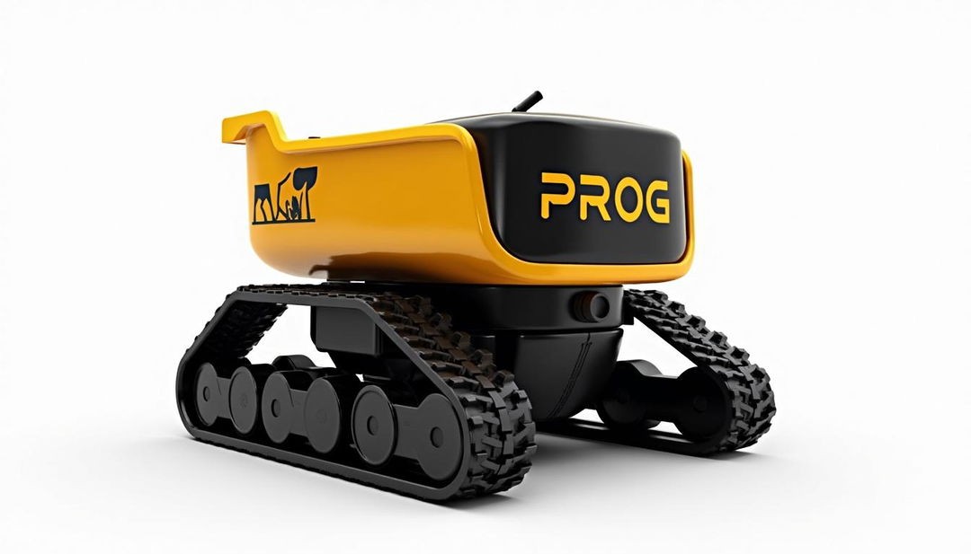 An automatic tracked dump truck robot designed for carrying debris in striking golden and black colors, prominently featuring the label 'PROG' and a cocker spaniel logo