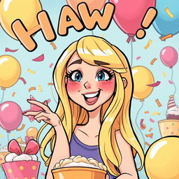 A cartoonish and playful illustration of a joyful woman with long, bright blonde hair engaging in a whimsical activity with oversized playful imagery surrounding her, in a vibrant and colorful setting that conveys a sense of humor and fun