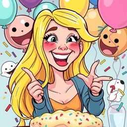 A cartoonish and playful illustration of a joyful woman with long, bright blonde hair engaging in a whimsical activity with oversized playful imagery surrounding her, in a vibrant and colorful setting that conveys a sense of humor and fun