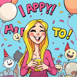 A cartoonish and playful illustration of a joyful woman with long, bright blonde hair engaging in a whimsical activity with oversized playful imagery surrounding her, in a vibrant and colorful setting that conveys a sense of humor and fun