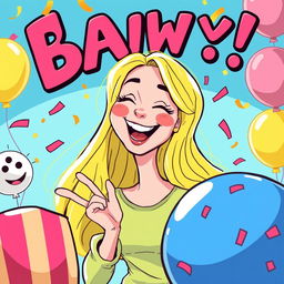 A cartoonish and playful illustration of a joyful woman with long, bright blonde hair engaging in a whimsical activity with oversized playful imagery surrounding her, in a vibrant and colorful setting that conveys a sense of humor and fun