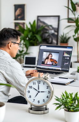 A person sitting at a desk with a laptop, focused on editing a digital photo, surrounded by a professional setup with high-quality editing software open on the screen