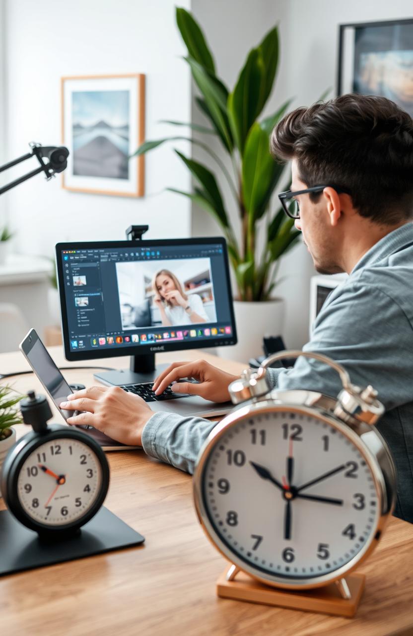 A person sitting at a desk with a laptop, focused on editing a digital photo, surrounded by a professional setup with high-quality editing software open on the screen