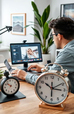 A person sitting at a desk with a laptop, focused on editing a digital photo, surrounded by a professional setup with high-quality editing software open on the screen