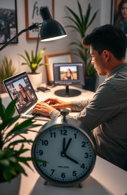 A person sitting at a desk with a laptop, focused on editing a digital photo, surrounded by a professional setup with high-quality editing software open on the screen