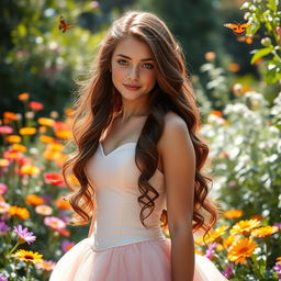 a beautiful 18-year-old brunette girl with long hair, wearing a form-fitting princess dress that accentuates her curves, standing gracefully in a lush garden, surrounded by colorful flowers and butterflies, soft sunlight illuminating her features, with a dreamy, fairy-tale atmosphere