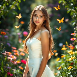 a beautiful 18-year-old brunette girl with long hair, wearing a form-fitting princess dress that accentuates her curves, standing gracefully in a lush garden, surrounded by colorful flowers and butterflies, soft sunlight illuminating her features, with a dreamy, fairy-tale atmosphere