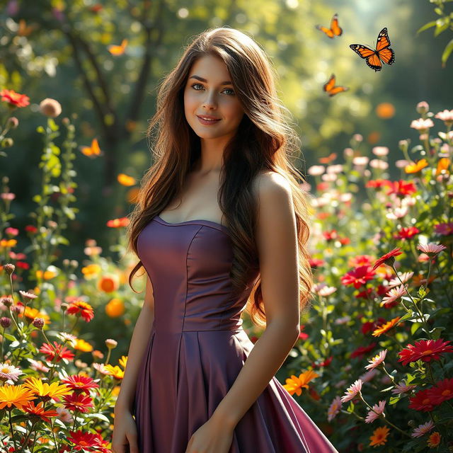 a beautiful 18-year-old brunette girl with long hair, wearing a form-fitting princess dress that accentuates her curves, standing gracefully in a lush garden, surrounded by colorful flowers and butterflies, soft sunlight illuminating her features, with a dreamy, fairy-tale atmosphere