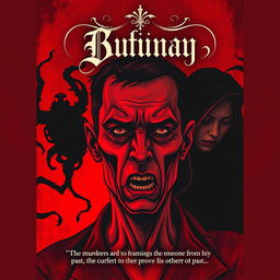 A gothic mystery crime book cover featuring a non-realistic illustration style, highlighting a disfigured man with an intense, agonized expression