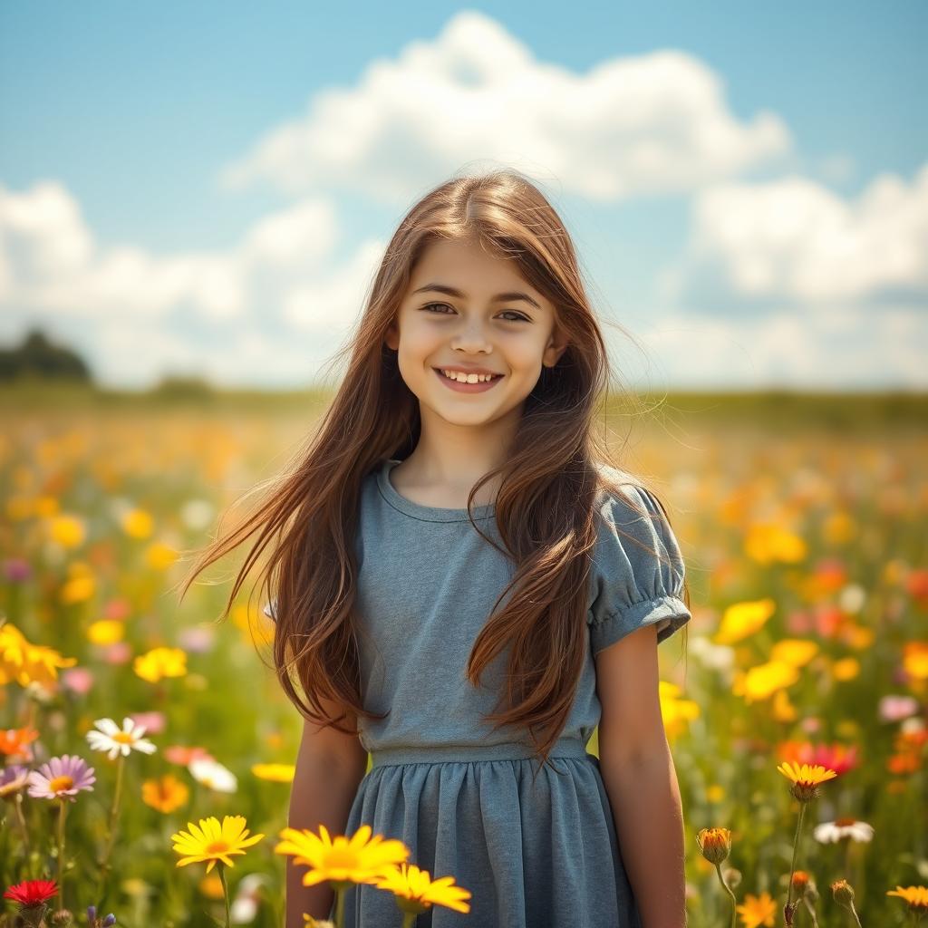 A beautiful 18-year-old brown-haired girl with long hair, wearing a cute grey dress