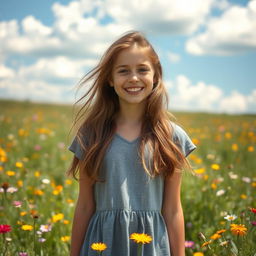 A beautiful 18-year-old brown-haired girl with long hair, wearing a cute grey dress