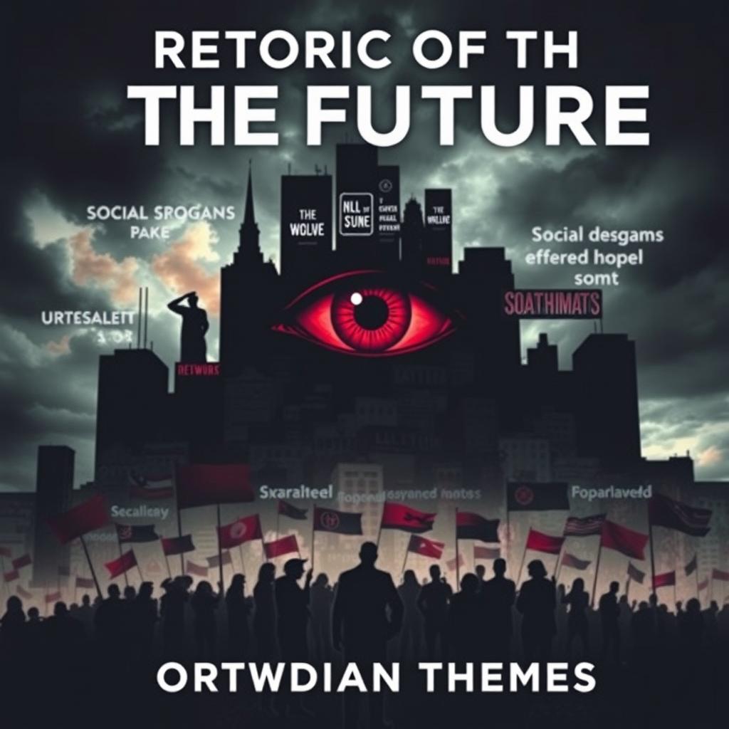 A striking book cover for 'Rhetoric of the Future: Orwellian Themes'