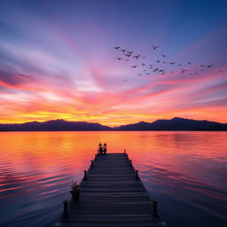 A serene sunset over a tranquil lake, with vibrant shades of orange, pink, and purple reflecting on the water's surface